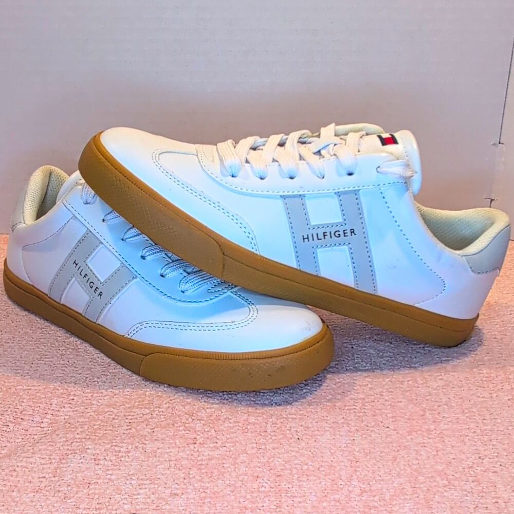 Tommy Hilfiger Men’s Low Top Lace Up Sneakers White/Tan Gum Rubber Sole 8.5M